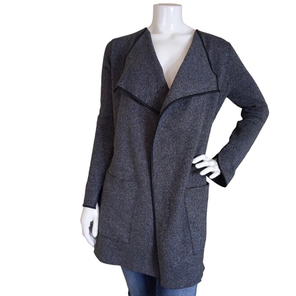 Zara Grey Knit Open Front Sweater Jacket with Faux Leather Trim - Picture 7 of 9